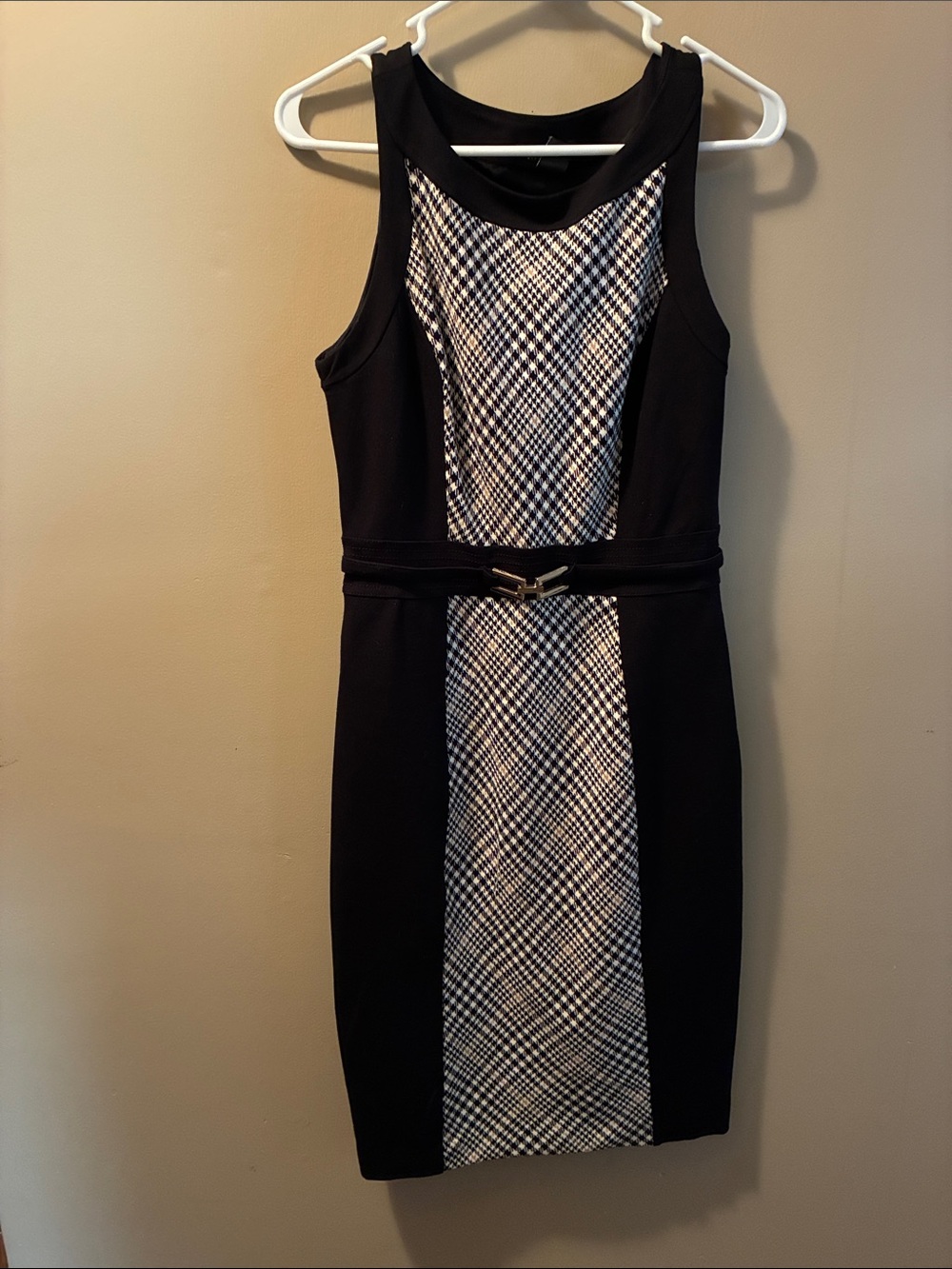 White House Black Market Black and White Plaid Paneled Midi Dress with Belt